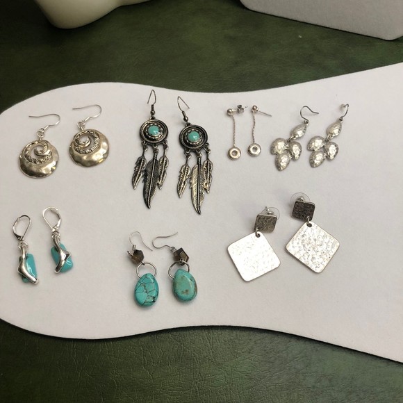 Lot of 7 Boho, Native American, Gypsy Earrings, Dangle Silvertone Earrings - Picture 1 of 12